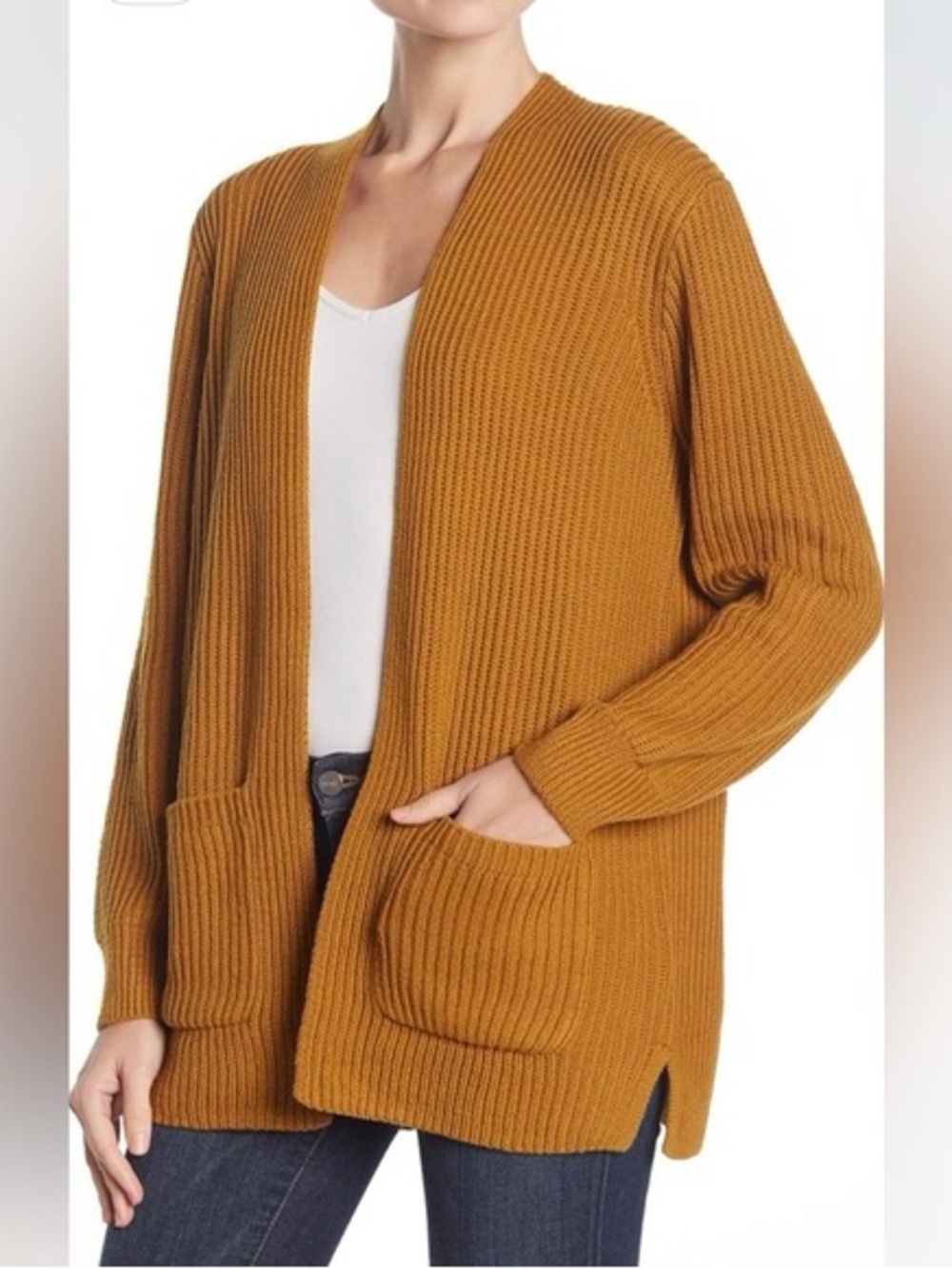 MADEWELL Nolan Women’s Open-Front Ribbed Cardigan Sweater - Mustard
